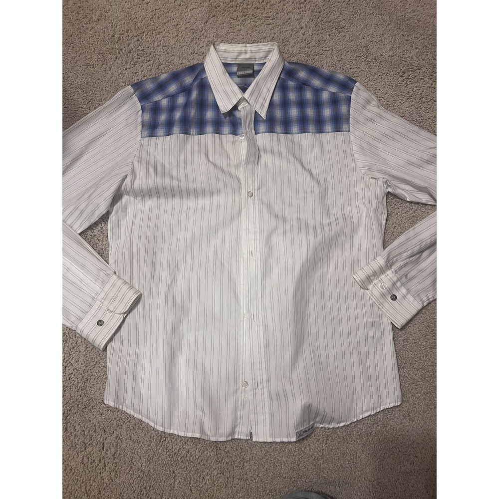 55DSL Men's‎ REVOLT Back Graphic, Stripes With Blue Checked Shoulders L